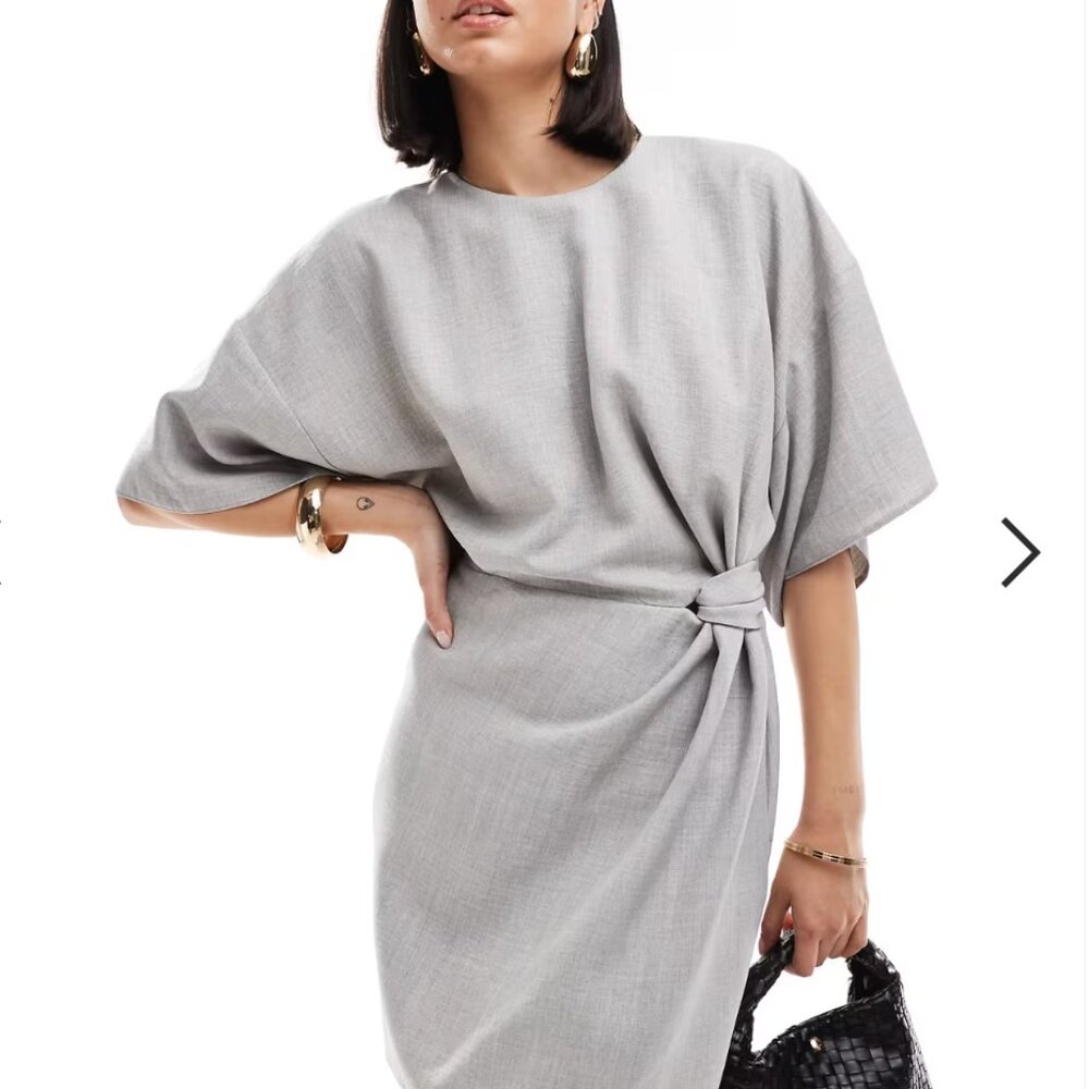 ASOS DESIGN angel sleeve drape waist tab detail mini dress in silver gray